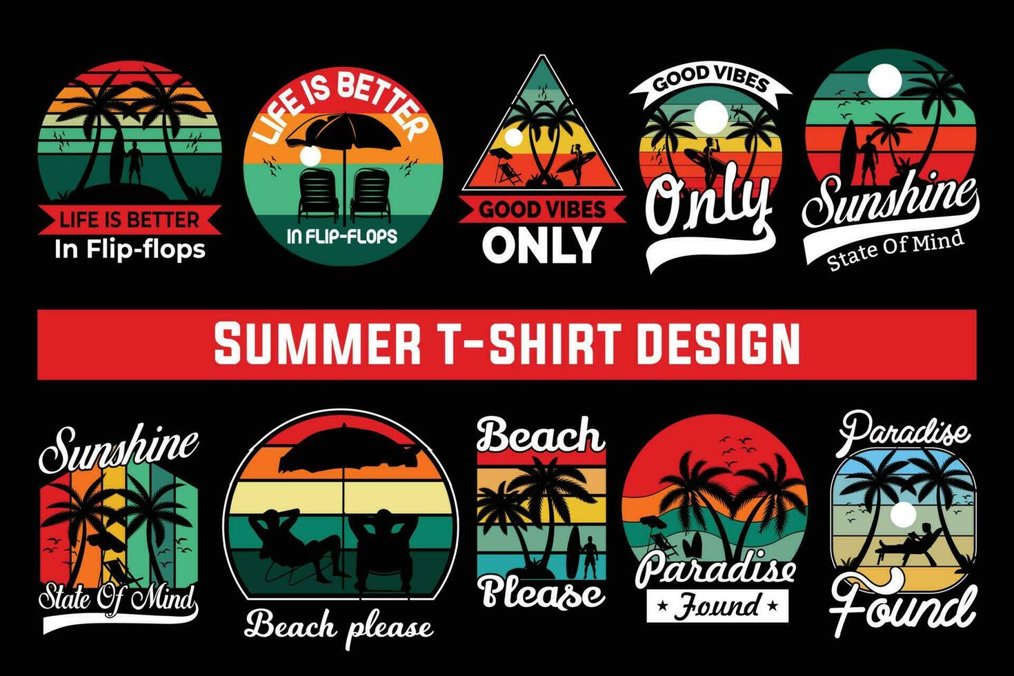 Summer t-shirt design bundle, summer beach vacation t-shirts, summer surfing t-shirt vector design