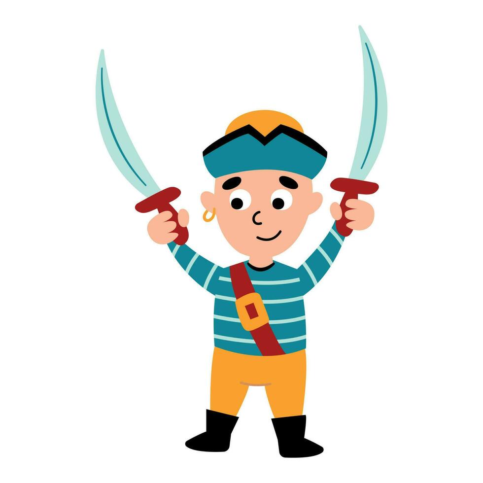 Cute hand drawn pirate with swords. White background, isolate. vector