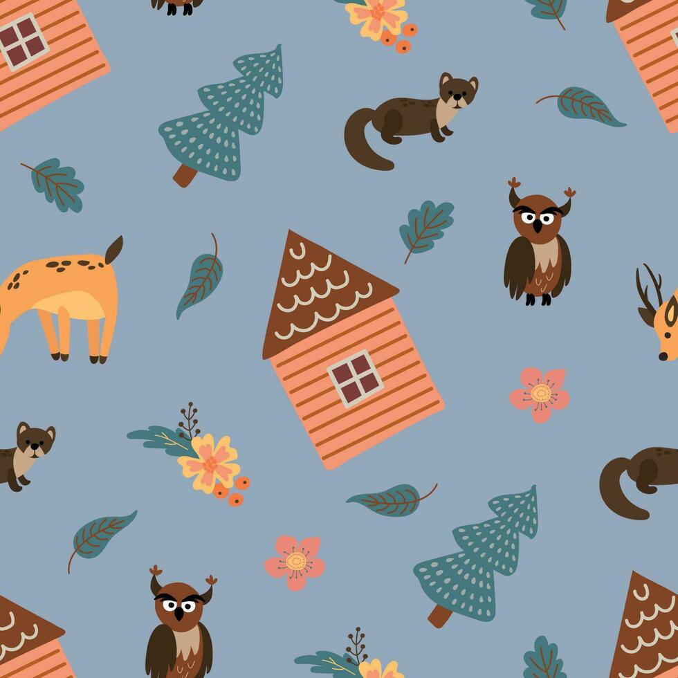 Seamless pattern with forest hut, animals and Christmas trees. Design for fabric, textile, wallpaper, packaging. vector