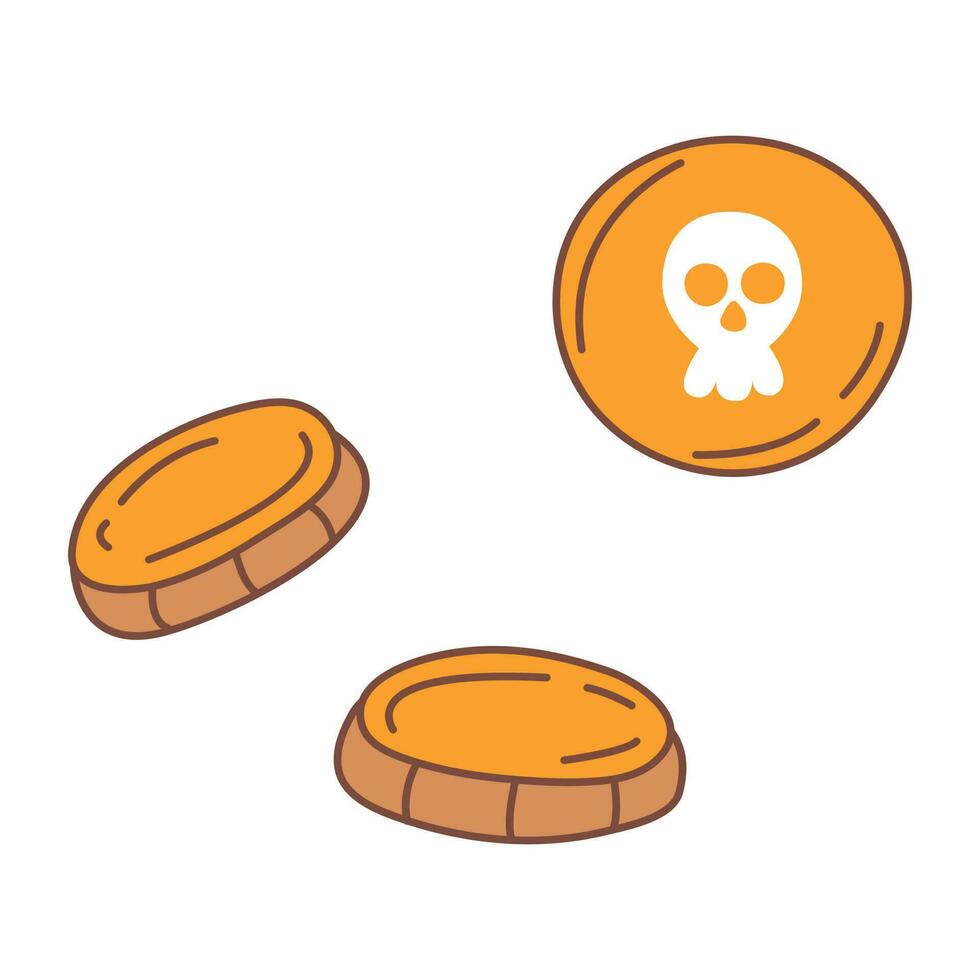 Cute hand drawn pirate gold coins. White background, isolate. vector