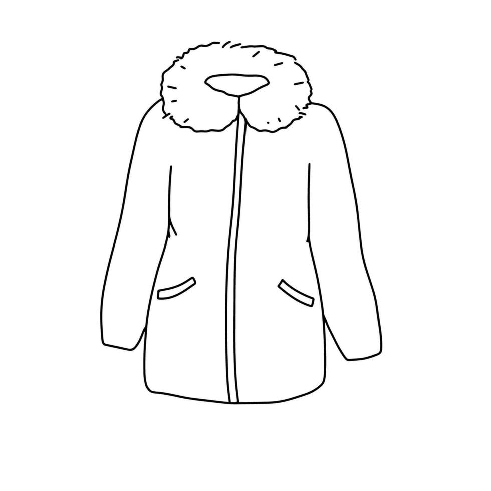 Puffer winter jacket isolated on white. Doodle outline illustration. Warm outerwear vector