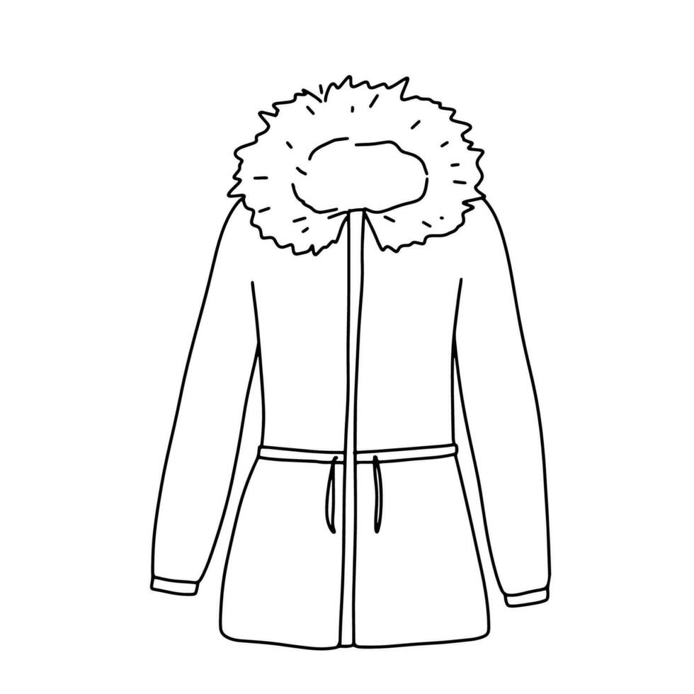 Puffer winter jacket or parka isolated on white. Doodle outline illustration vector