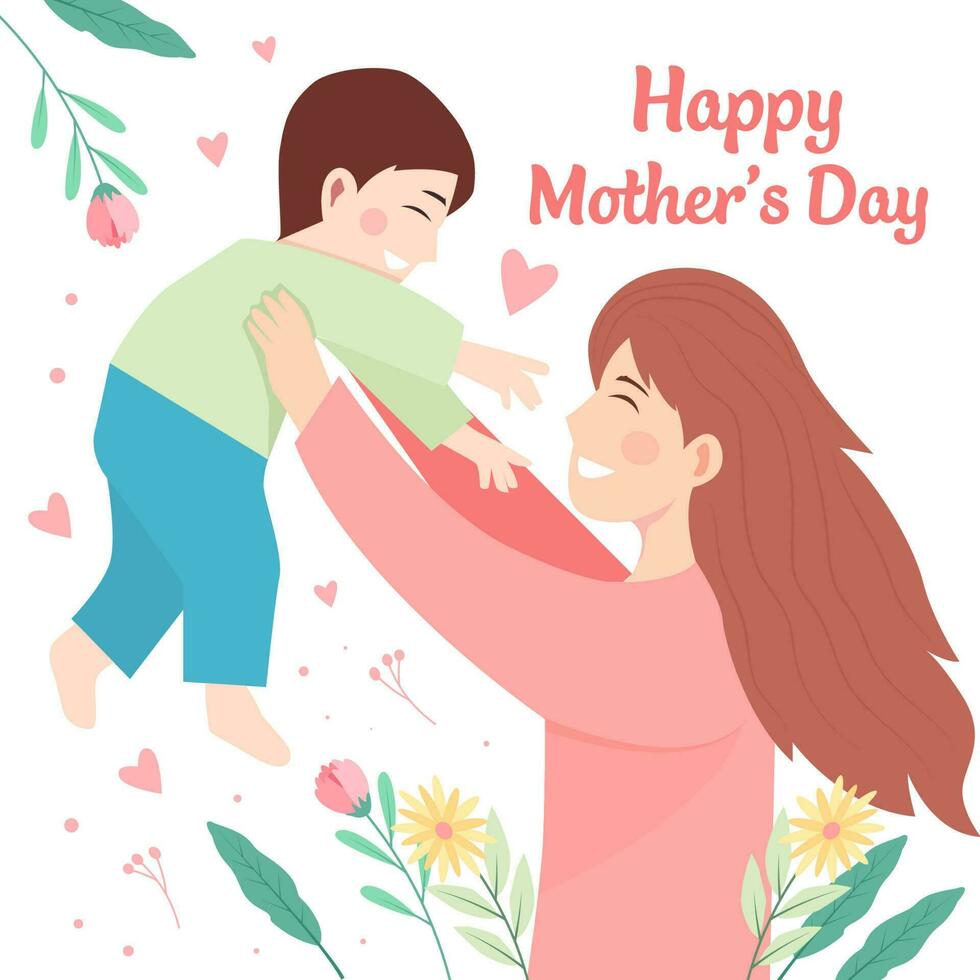 flat design happy mother's day with happy mother carry the baby vector