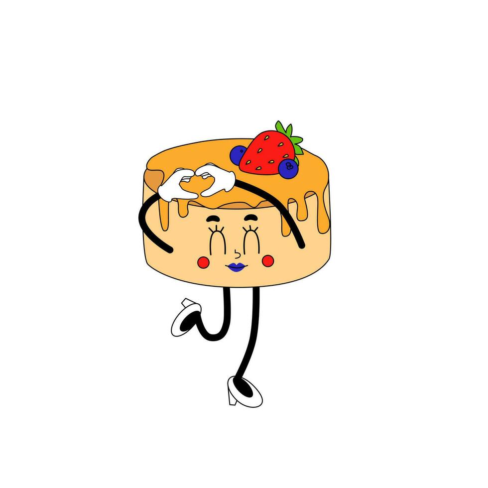 Pancake trendy character. Delicious breakfast in 60s, 70s disco style. Retro groovy mascot with syrup and fruits vector