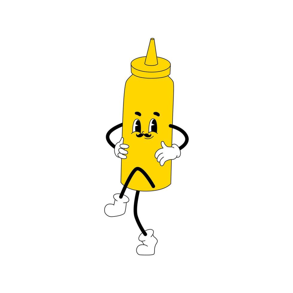 Trendy yellow mustard character. Groovy mascot in psychedelic style. Tasty bottle os sauce in cartoon style vector