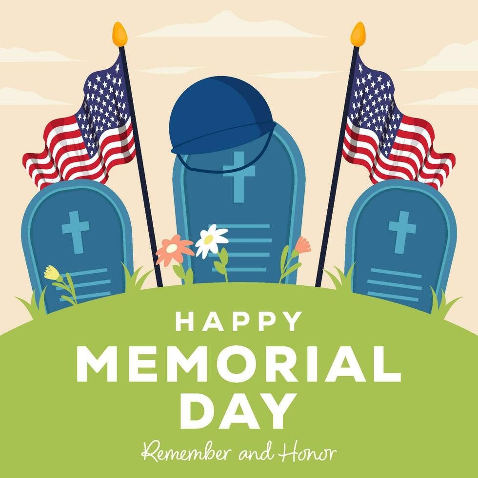 flat design happy memorial day illustration with heroes grave and american flags vector