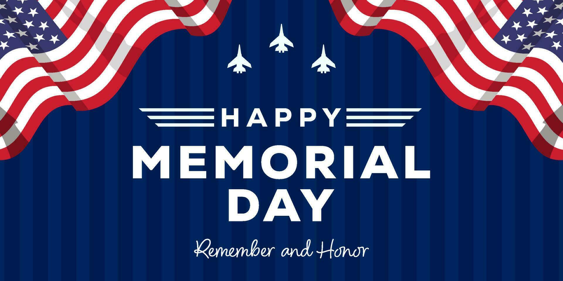 flat design happy memorial day with silhouette aircraft and american flags vector