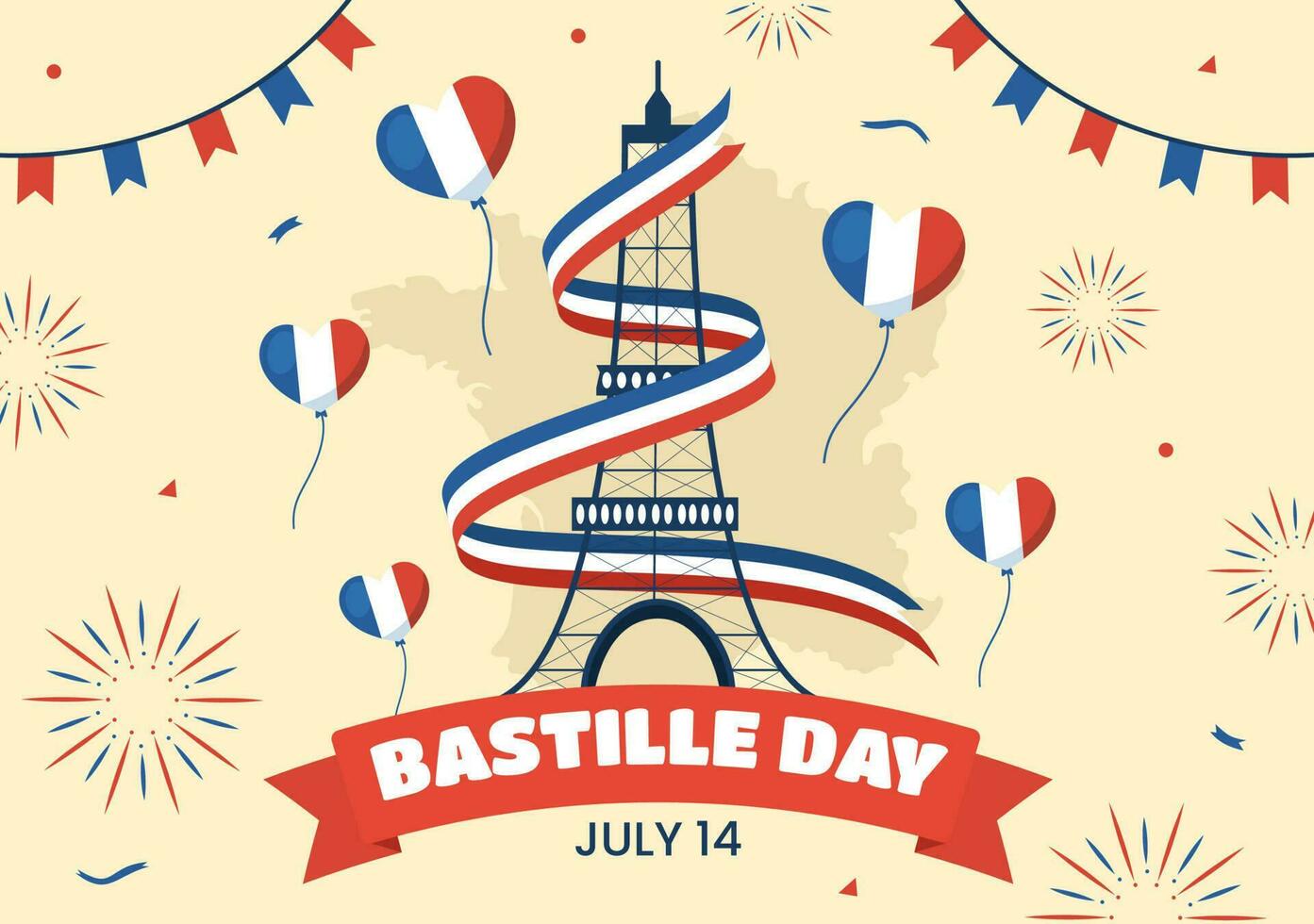 contento Bastille día en 14 julio vector ilustración con francés bandera y eiffel torre en plano dibujos animados mano dibujado para aterrizaje página plantillas