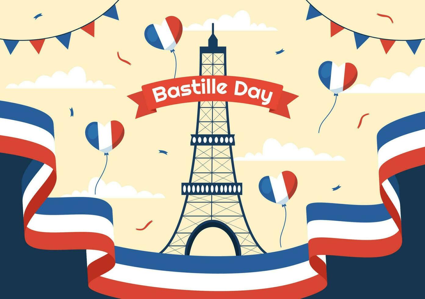 Happy Bastille Day on 14 july Vector Illustration with French Flag and Eiffel Tower in Flat Cartoon Hand Drawn for Landing Page Templates