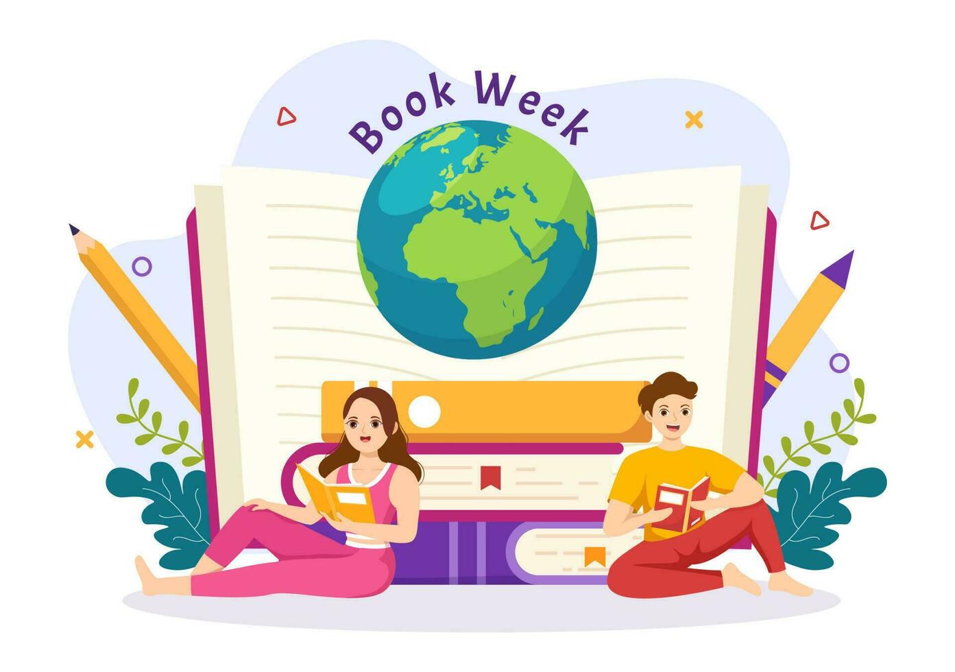 Book Week Events Vector Illustration with People Reading or Students Study Textbooks in Flat Cartoon Hand Drawn Landing Page Templates