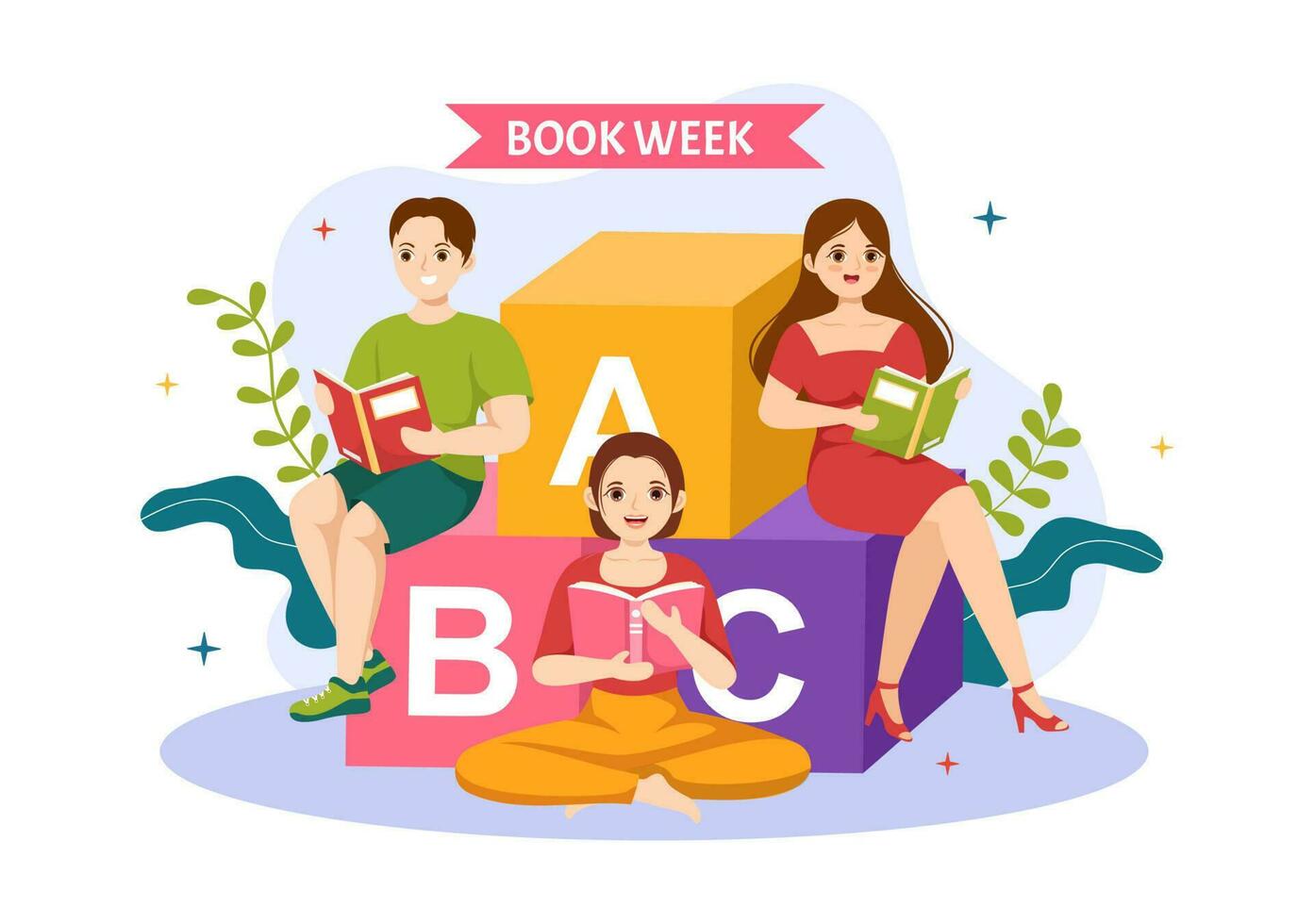 Book Week Events Vector Illustration with People Reading or Students Study Textbooks in Flat Cartoon Hand Drawn Landing Page Templates