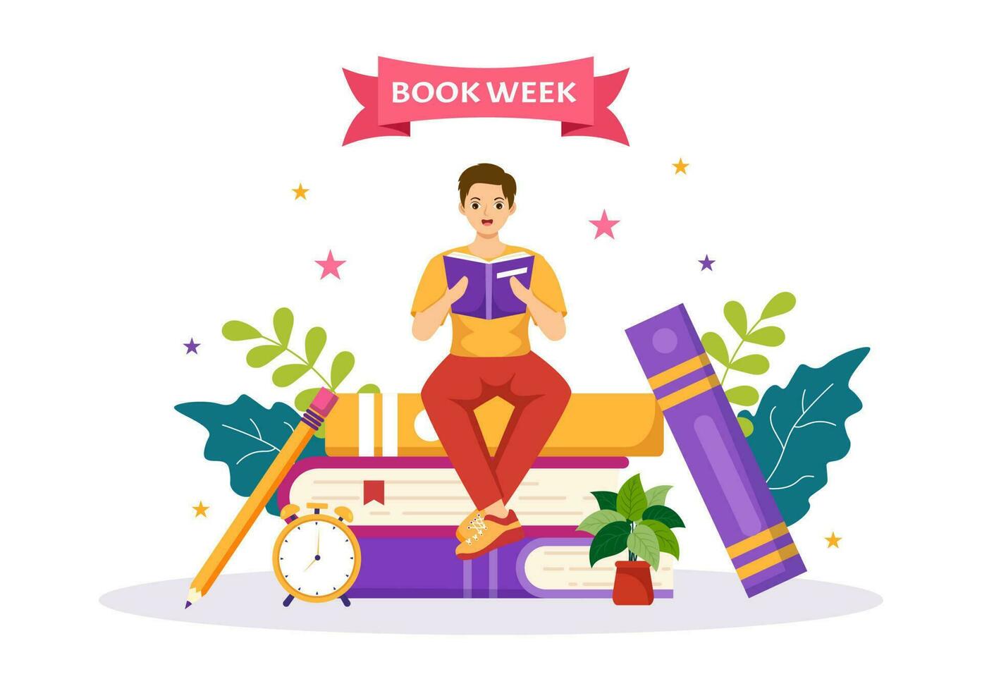 Book Week Events Vector Illustration with People Reading or Students Study Textbooks in Flat Cartoon Hand Drawn Landing Page Templates