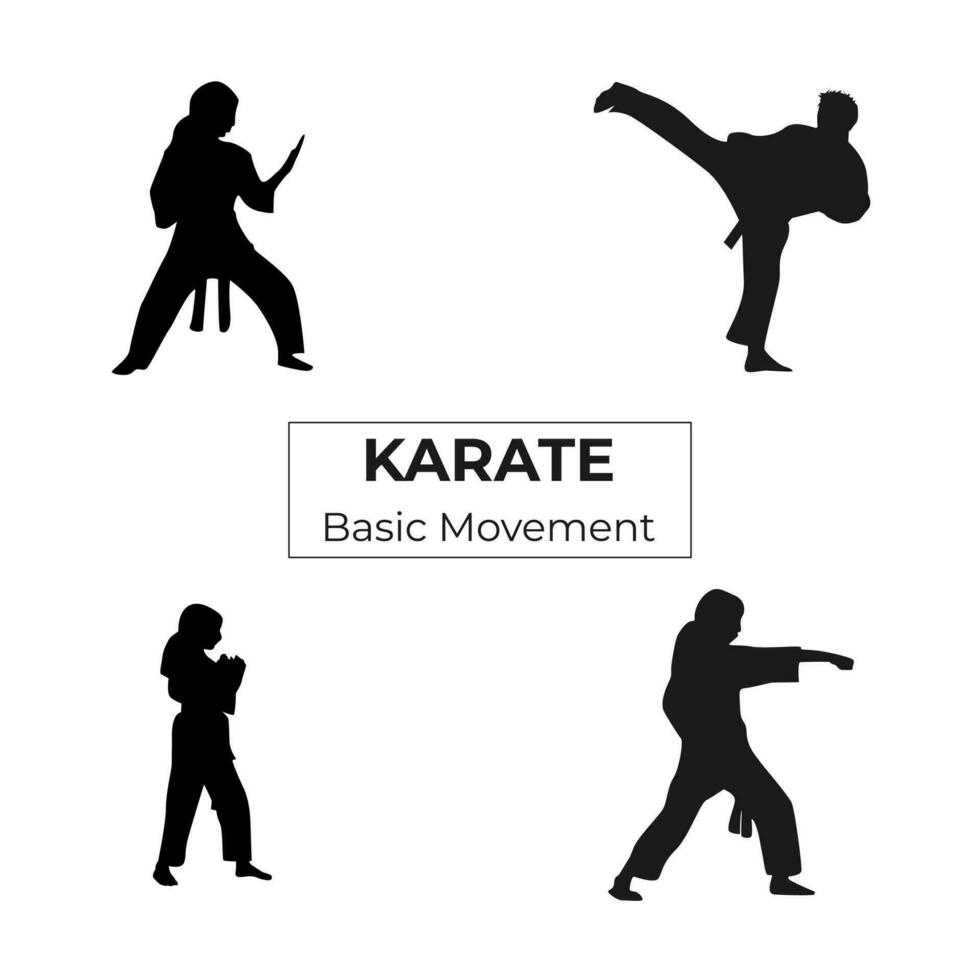 men kicking silhouette. girl punching silhouette. karate movement set. karate. vector