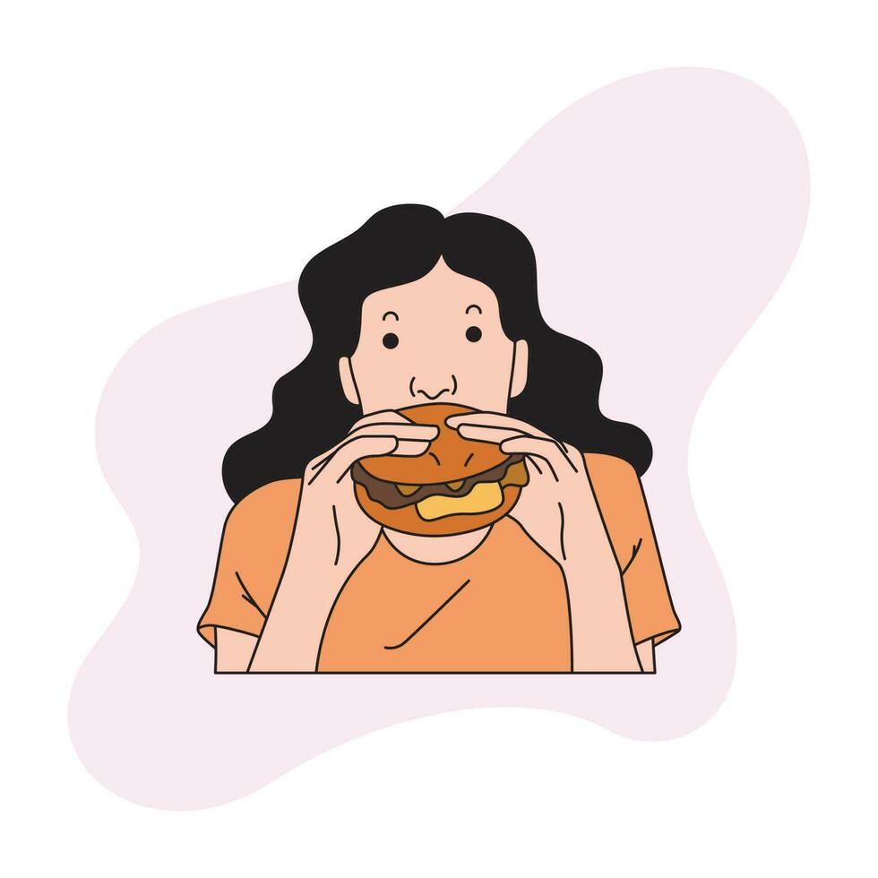 a woman is eating a large burger vector