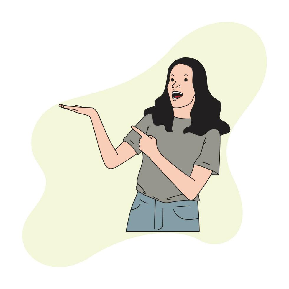 a woman with long hair is receiving something with her right hand and pointing vector