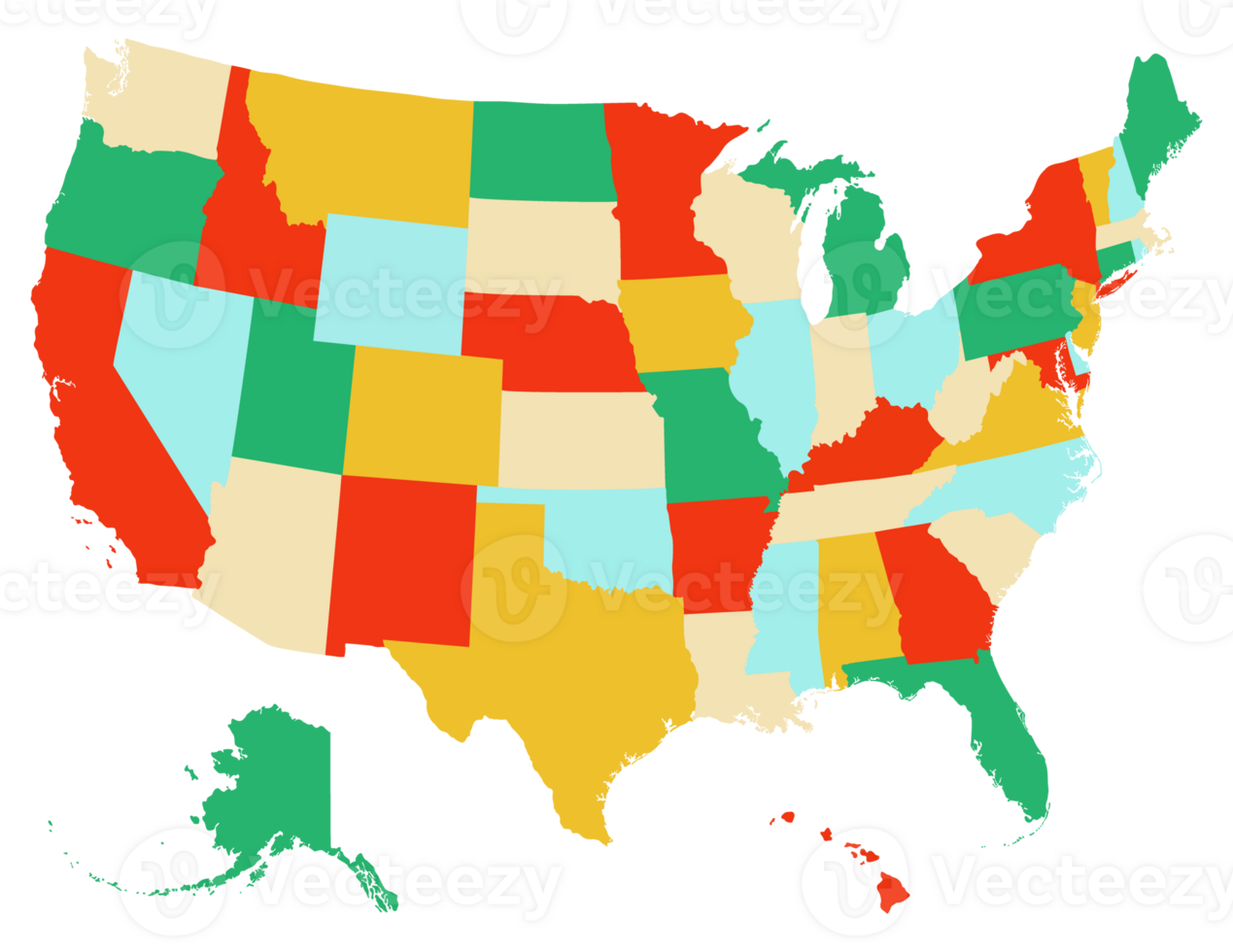 USA map with multicolor states, United States of America map. Isolated map of USA. png