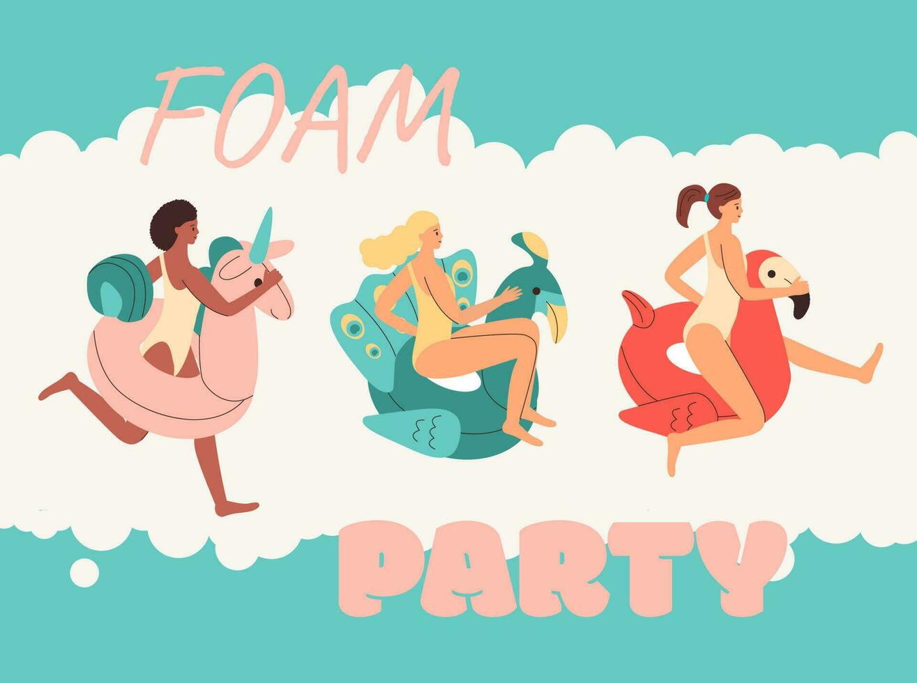 Joyful girls in swimsuits with inflatable circles rush to a foam party. Dancing in bubbles concept. vector