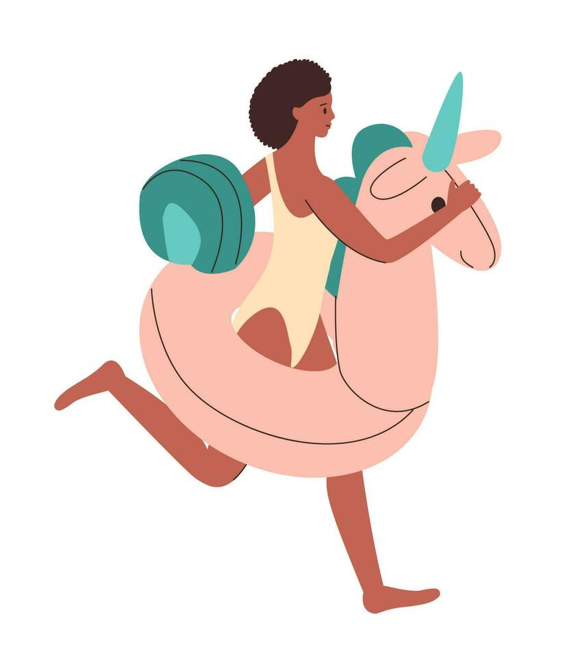 African girl runs with an inflatable circle in form of unicorn. Colourful rubber inflatable swimming ring. vector