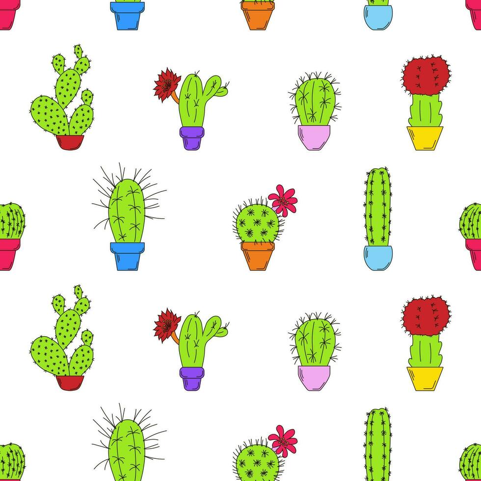 Seamless Pattern with Colored Cacti In Pots With Outline vector