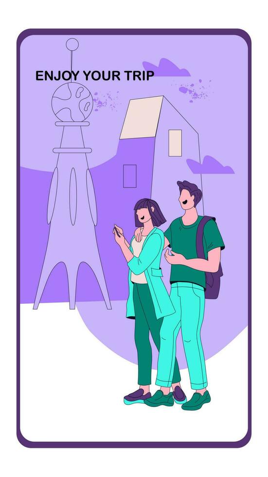 Mobile app onboard screen for Travel Agency with people traveling abroad. Tourists and travelers online service application interface design, flat cartoon vector illustration.