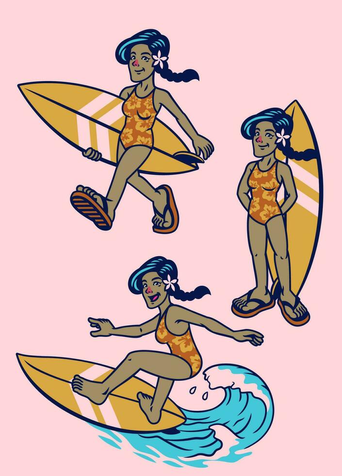 Set of Retro Tropical Balinese Surfing Girl vector