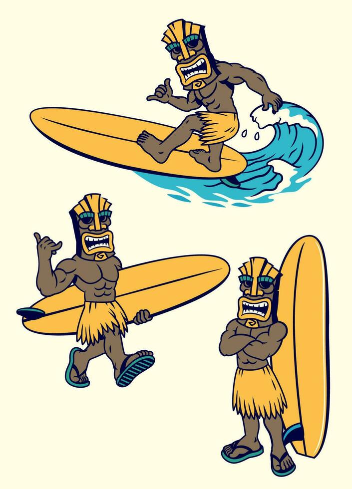Set of Vintage Image of Tiki Surfing vector