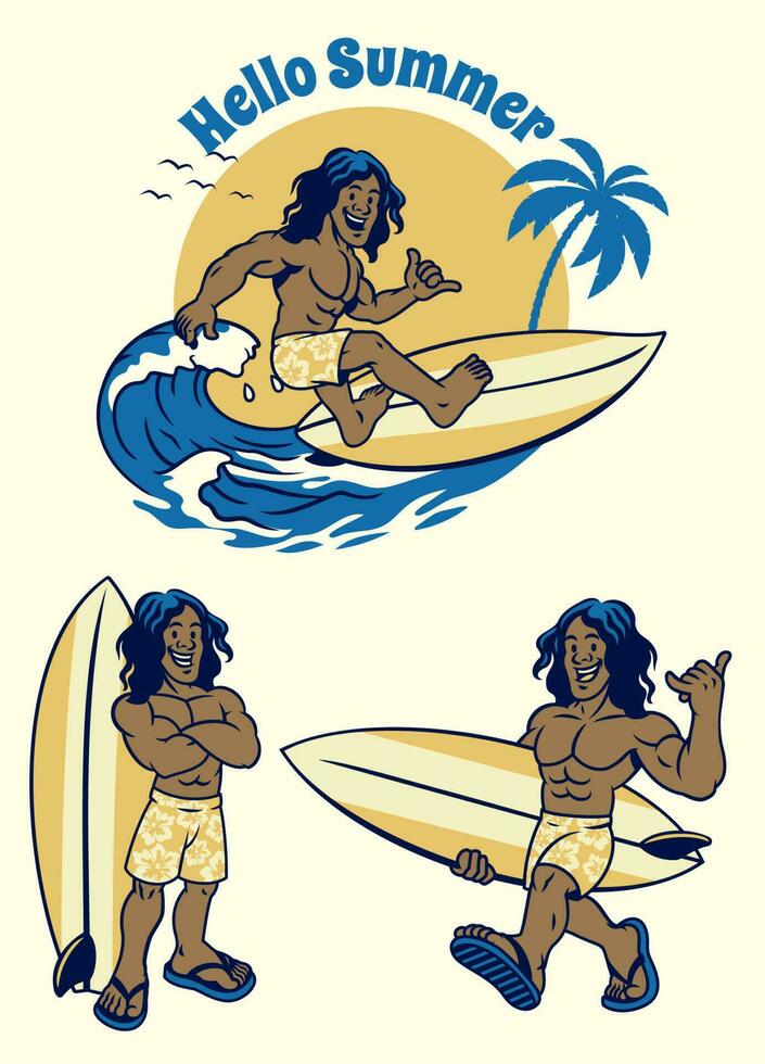 Set of Retro Vintage Drawing of Tropical Surfer Men vector