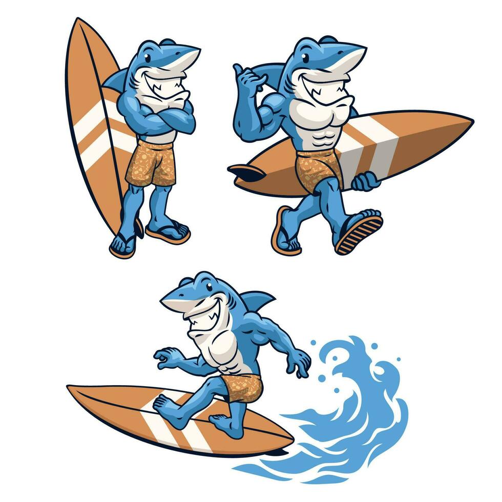 Cartoon set of Vintage Shark Surfing vector