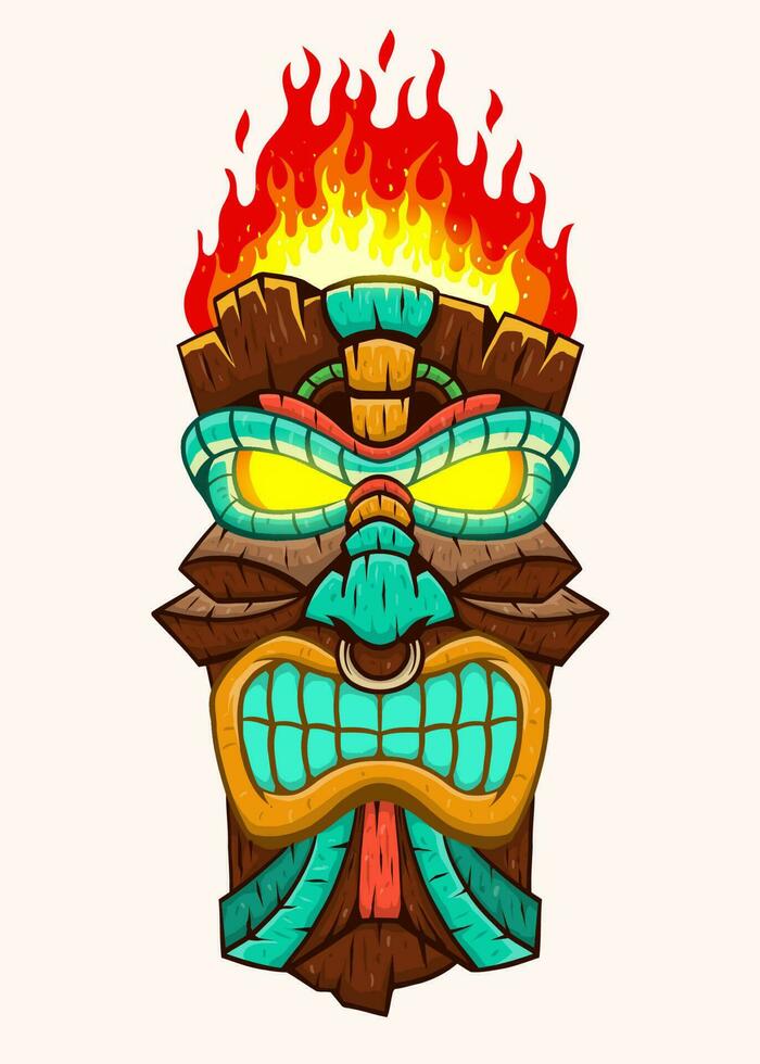 tiki máscara Dios con ardiente antorcha en el parte superior en dibujos animados estilo vector