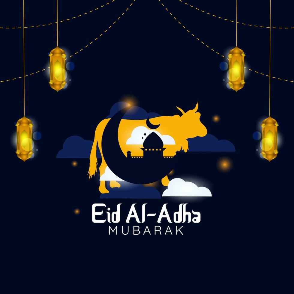 eid al-adha. saludo tarjeta con sacrificatorio oveja y vacas decorado con linternas y creciente Luna en un nublado noche antecedentes vector