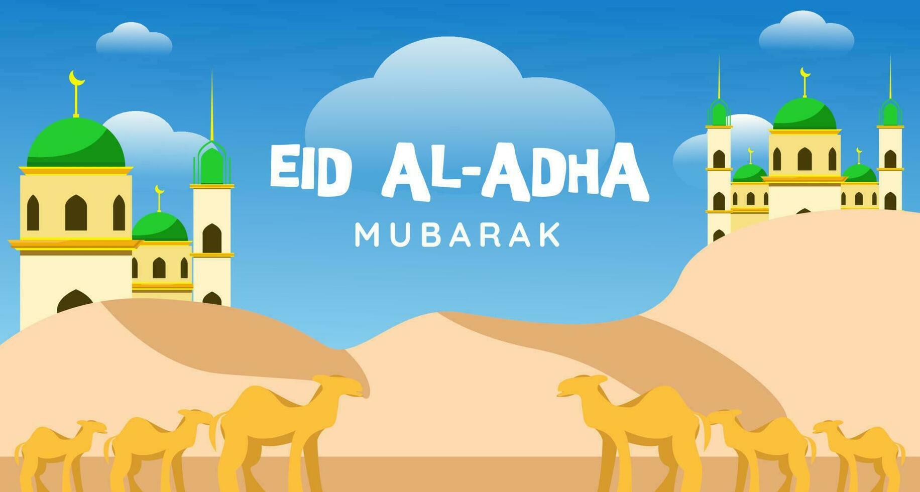 eid al adha, flat illustration design eid al adha greeting banner background with mosque decoration, camel animal in the desert vector