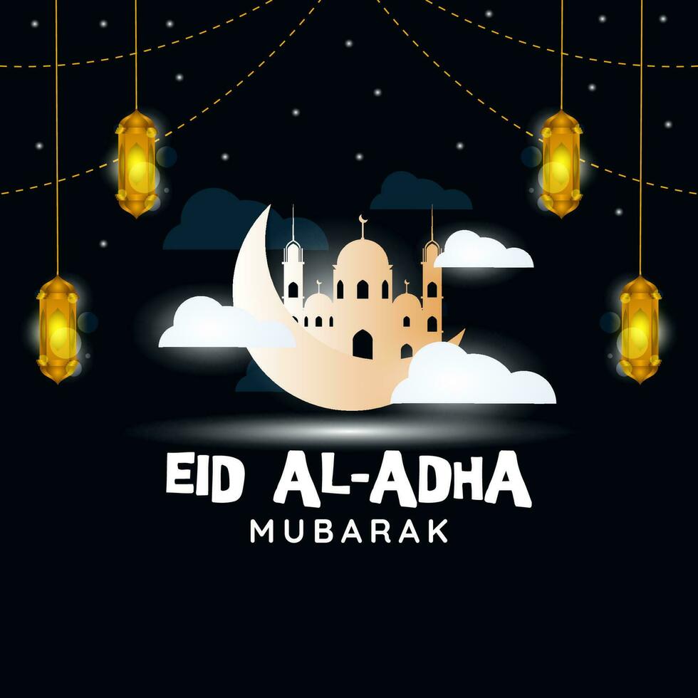 happy eid al adha, greeting card or social media post with decorated crescent moon, mosque and lantern on night background vector