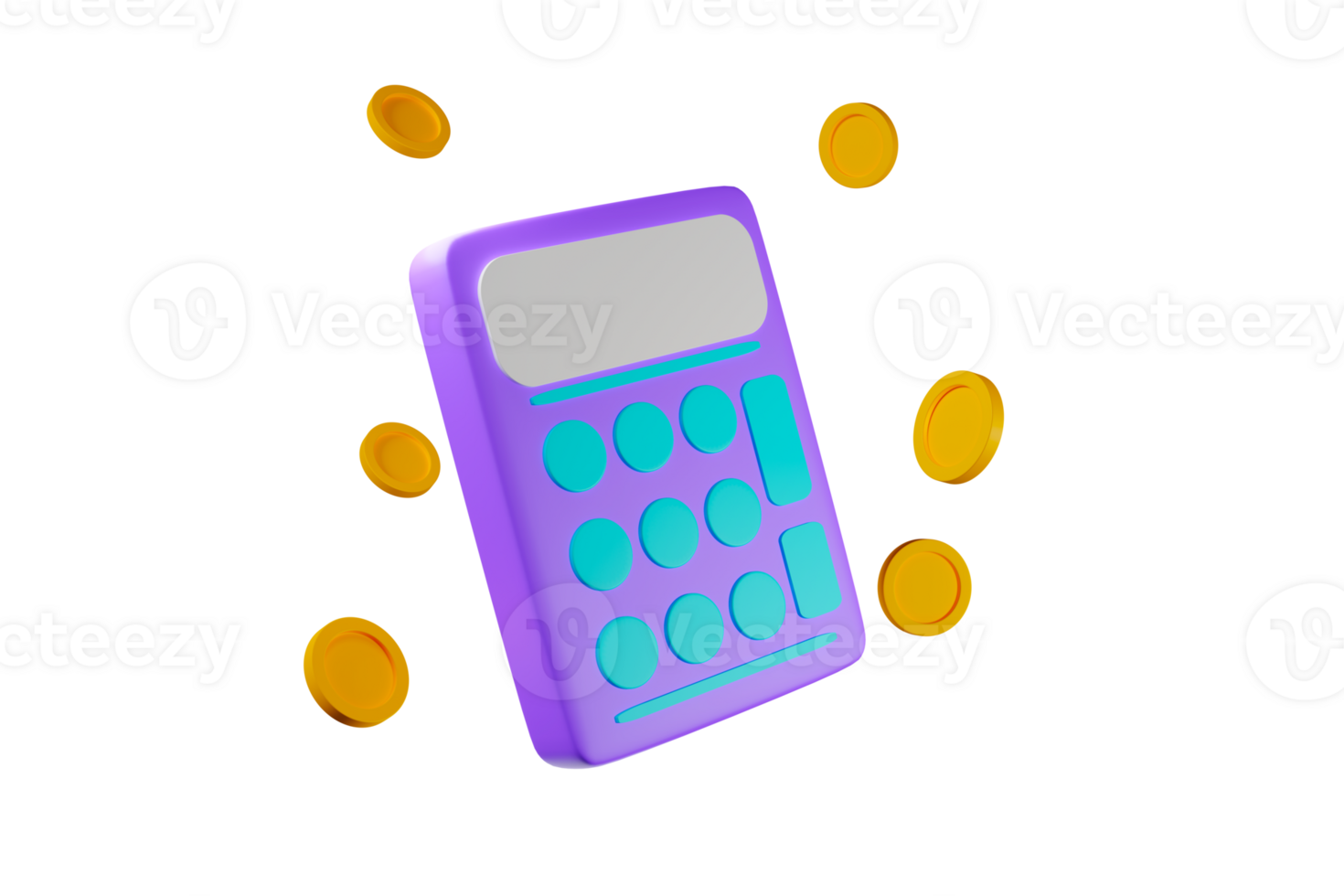 Calculator with coins 3D rendering illustration transparency png