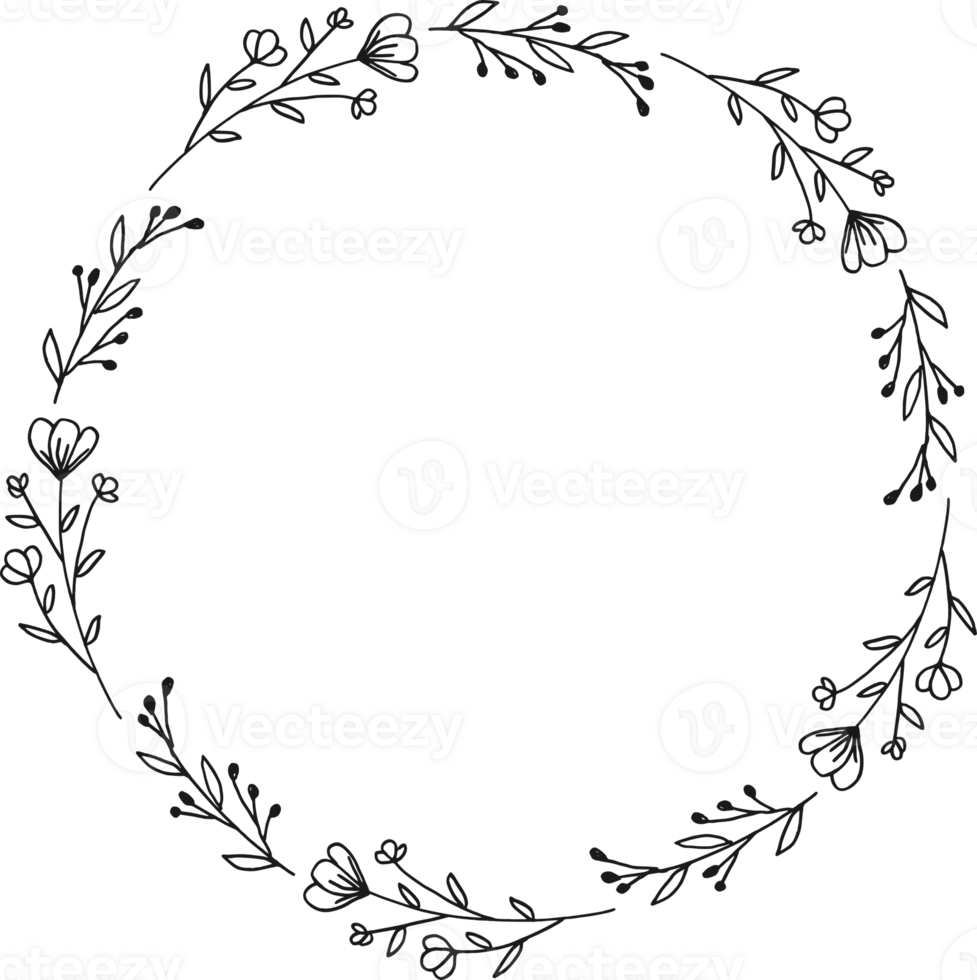 Wreath of doodle hand drawn flowers and leaves or circle floral frame border for wedding invitation, engagement, and greeting card png