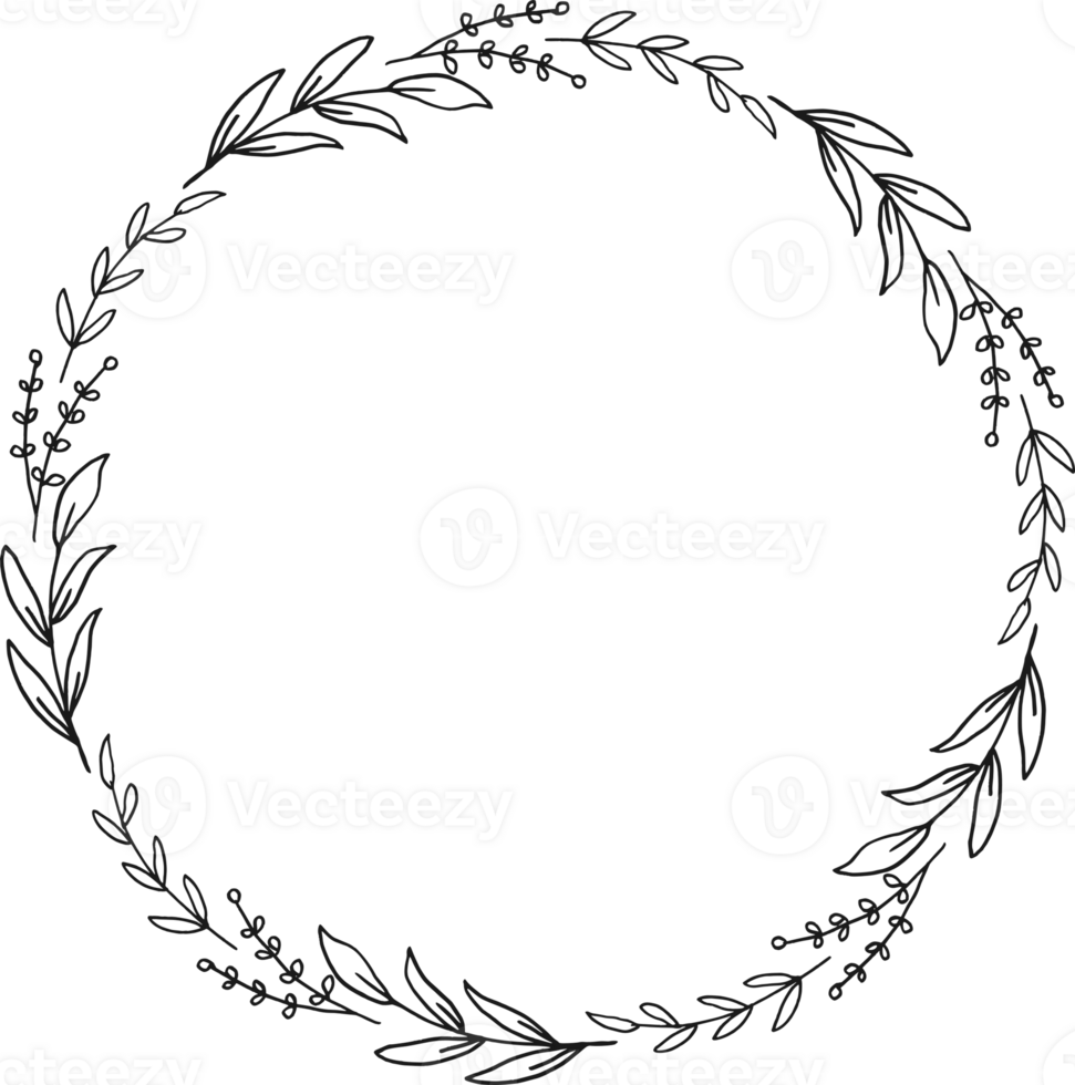 Wreath of doodle hand drawn flowers and leaves or circle floral frame border for wedding invitation, engagement, and greeting card png