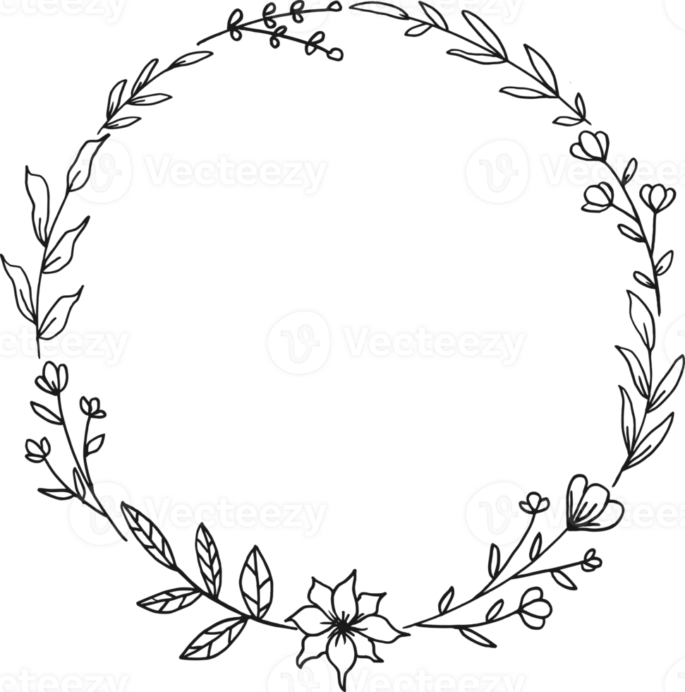 Circle Floral border with hand drawn flowers and leaves png