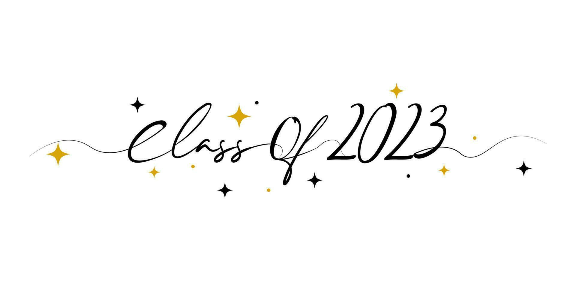 Stylized calligraphic inscription Class of 2023 in one line with gold and black star. vector