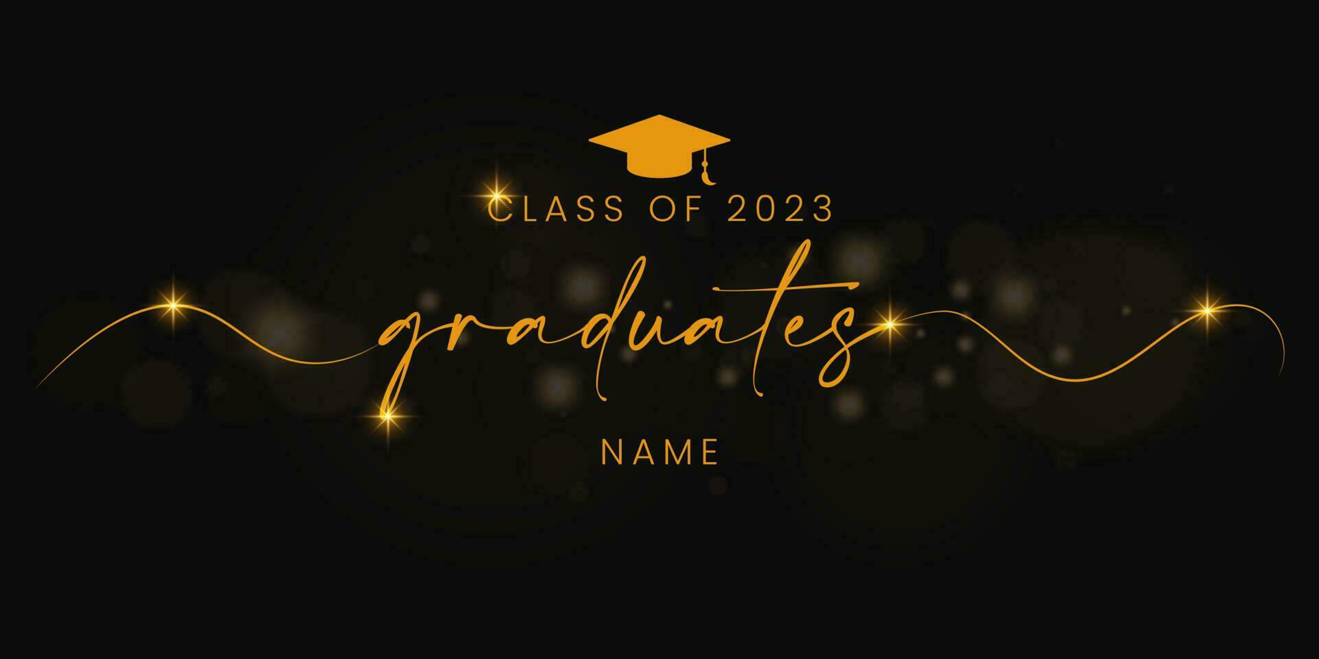 Graduation greeting vector background design. Congrats graduates class of 2023 text with mortarboard cap and gold flare for graduation ceremony messages. Vector illustration.