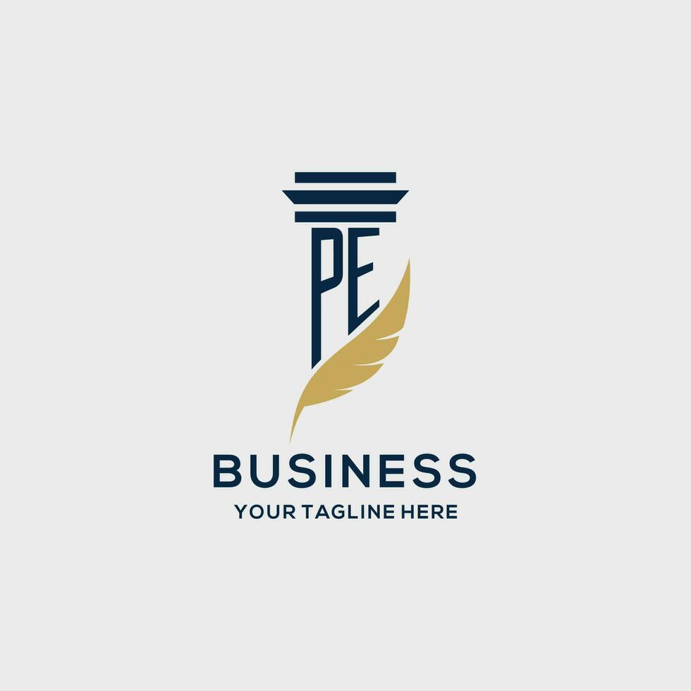 PE monogram initial logo with pillar and feather design vector