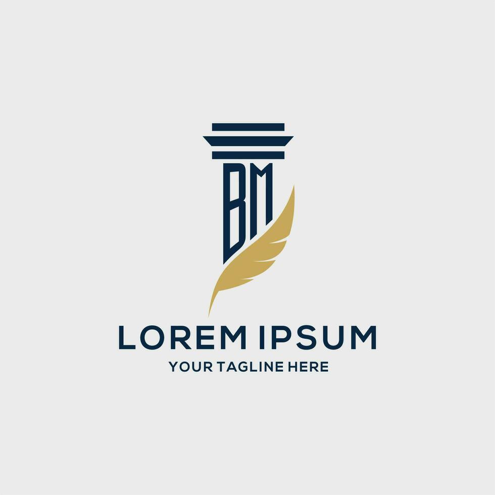 BM monogram initial logo with pillar and feather design vector