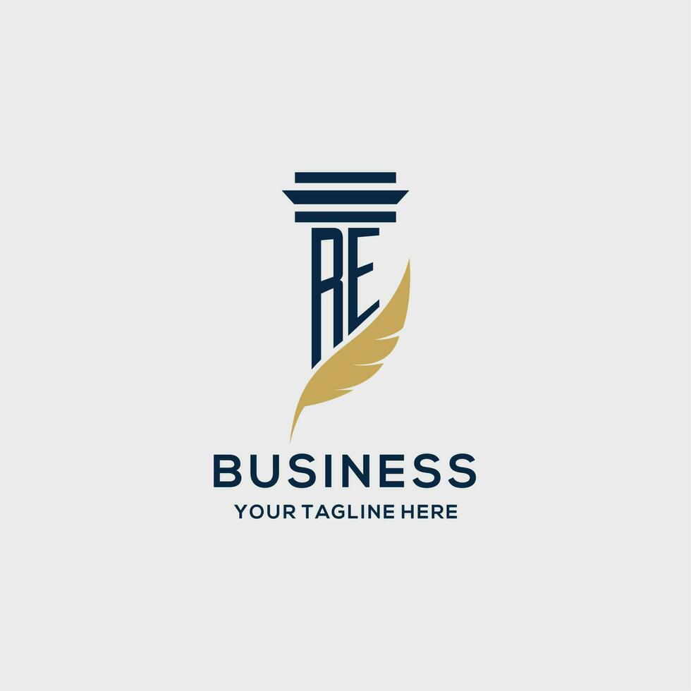 RE monogram initial logo with pillar and feather design vector