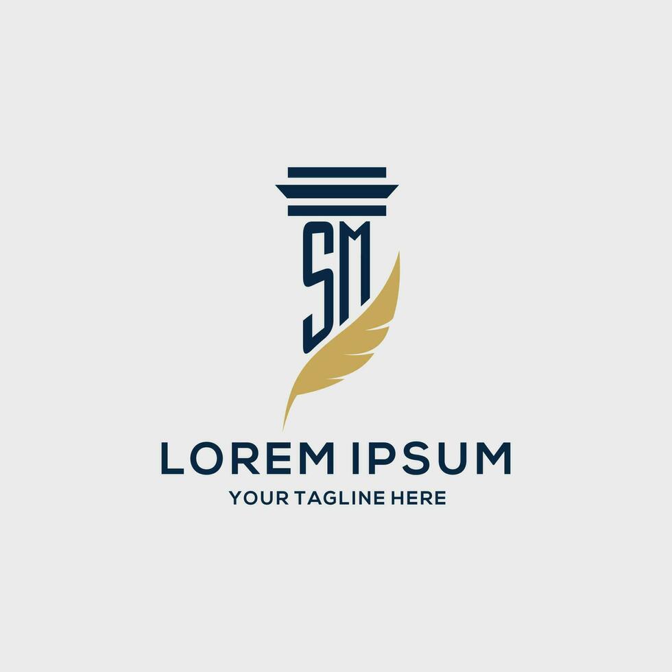 SM monogram initial logo with pillar and feather design vector