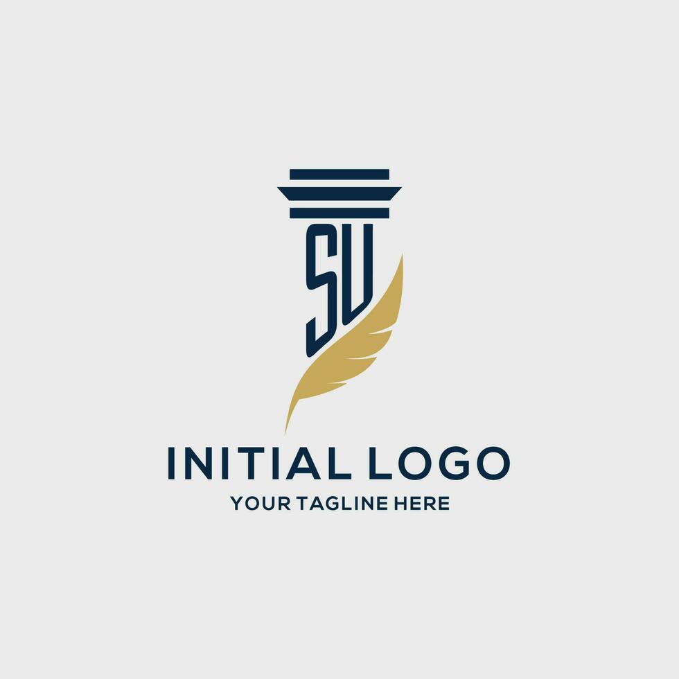 SU monogram initial logo with pillar and feather design vector