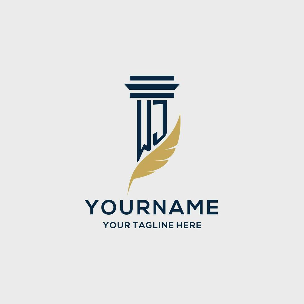 WJ monogram initial logo with pillar and feather design vector
