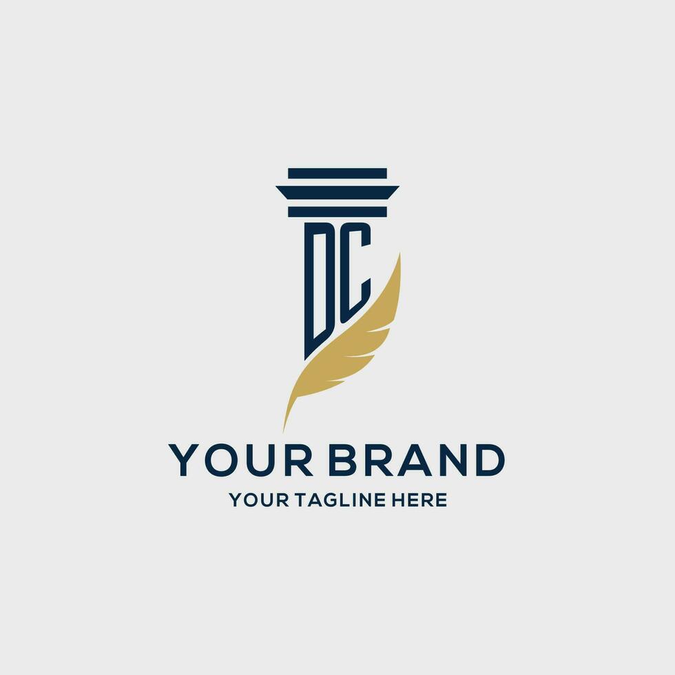 DC monogram initial logo with pillar and feather design vector