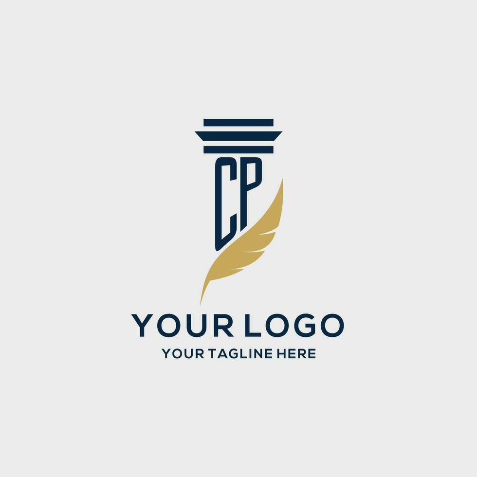 CP monogram initial logo with pillar and feather design vector