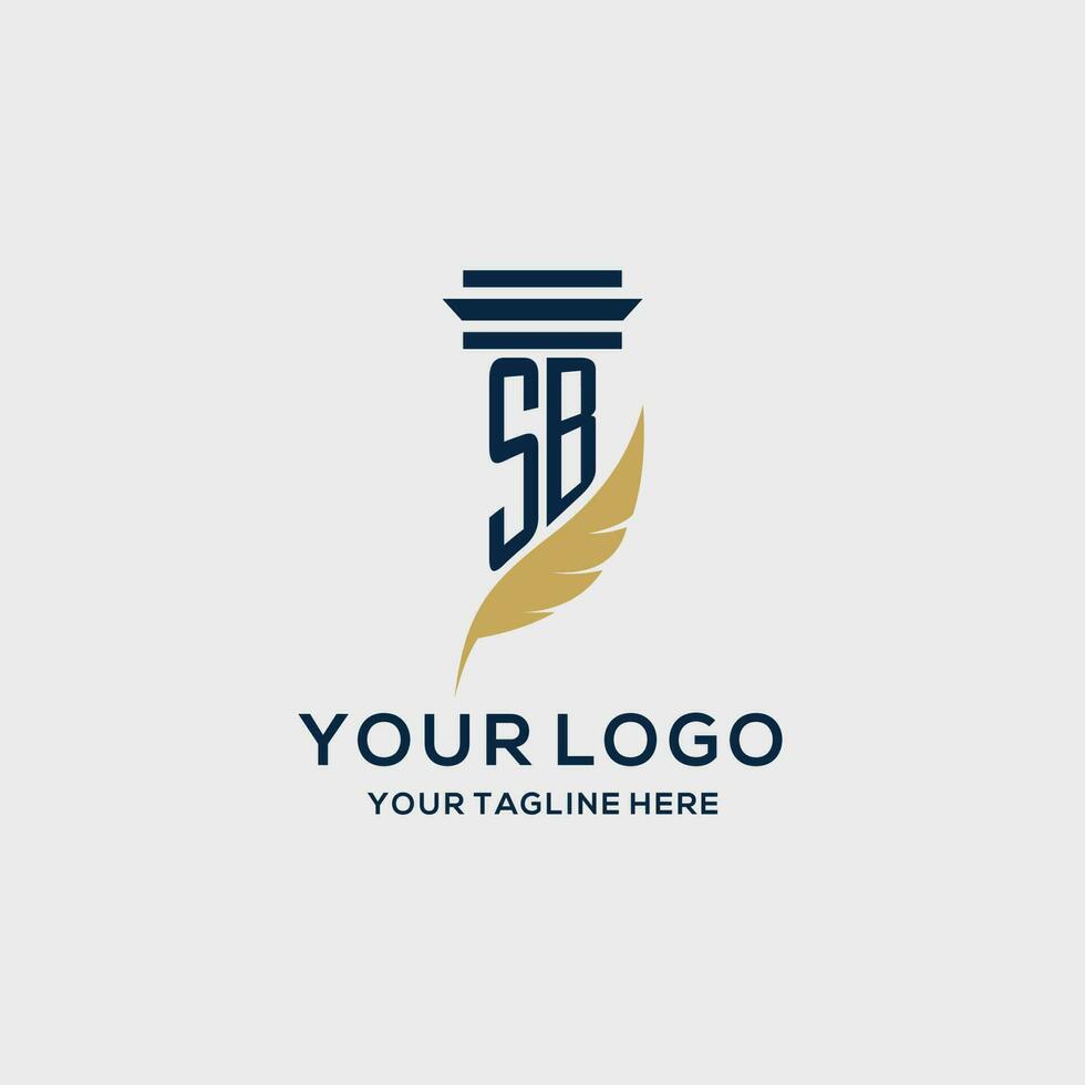 sb monograma inicial logo con pilar y pluma diseño vector
