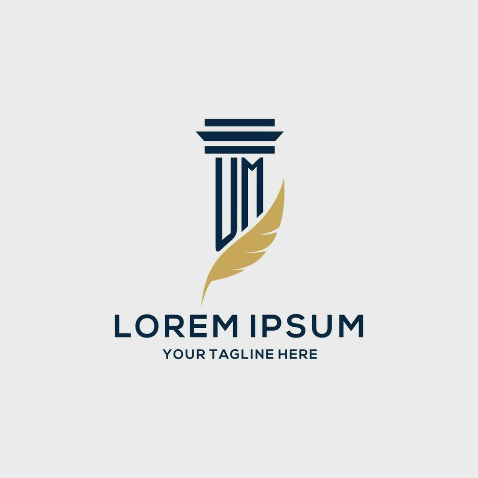 UM monogram initial logo with pillar and feather design vector