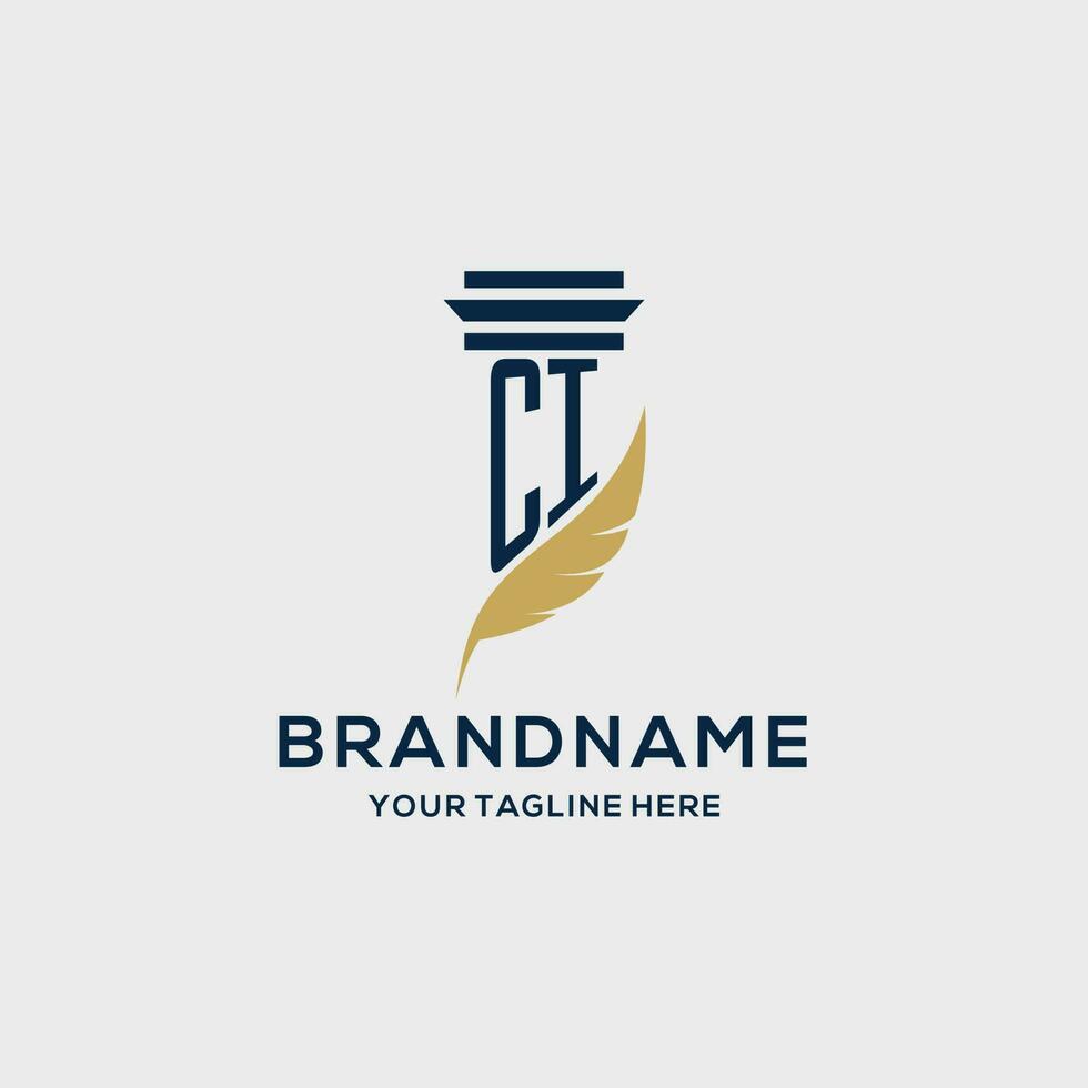 CI monogram initial logo with pillar and feather design vector