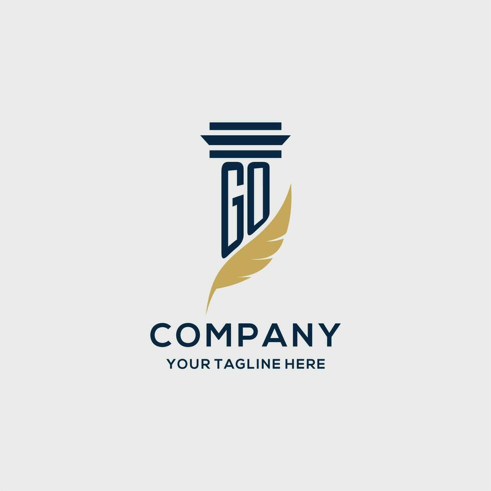 GO monogram initial logo with pillar and feather design vector